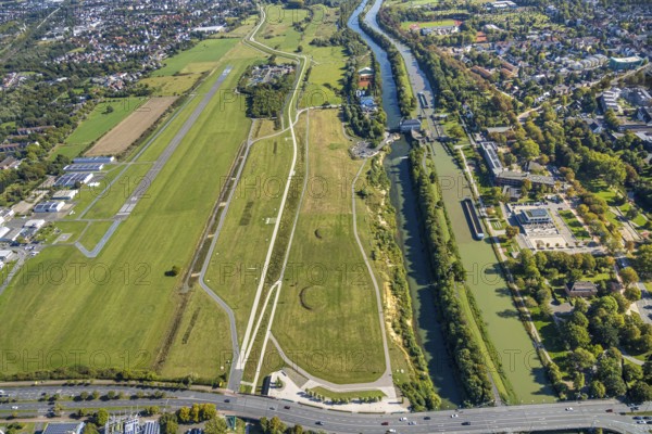 Aerial photograph, Hamm-Lippewiesen airfield and the Datteln-Hamm canal and Lippe river experience