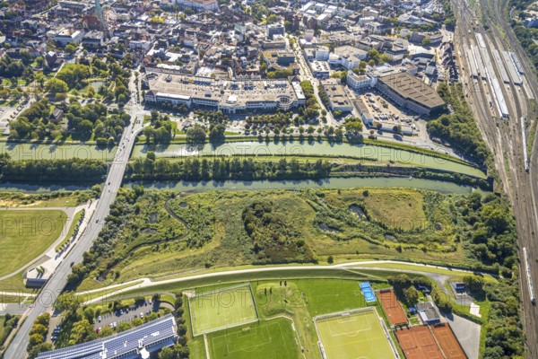 Aerial view, Allee-Center shopping centre at the Datteln-Hamm canal and river Lippe, bridge