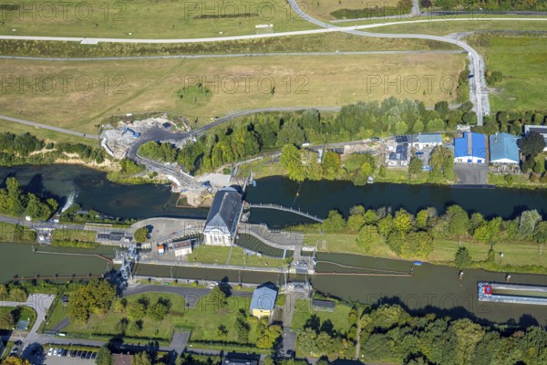 Aerial view, construction site at the Hamm lock on the Datteln-Hamm Canal and River Lippe, centre,