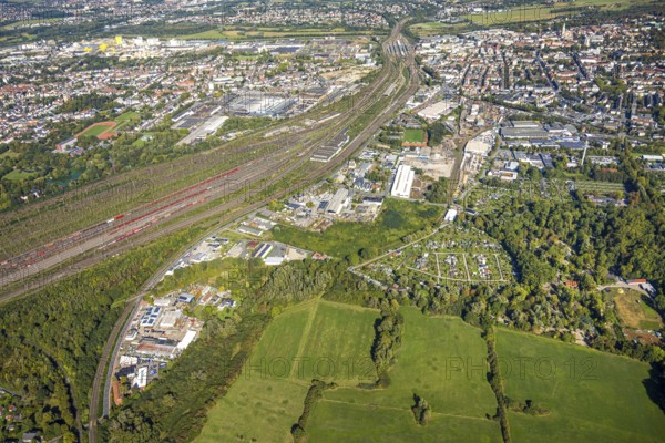 Aerial view, marshalling yard Hamm, industrial area Östingstraße, view to the harbour, railway