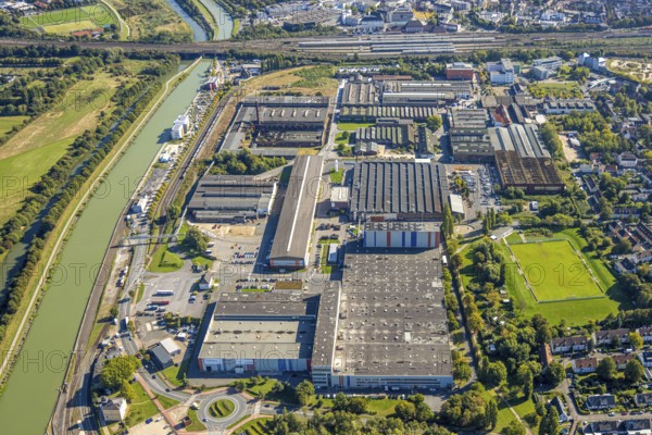 Aerial view, harbour at the Datteln-Hamm canal, industrial area Hafenstraße and Dortmunder Straße,