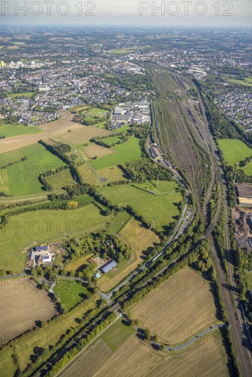 Aerial view, Hamm marshalling yard, Schieferstraße industrial estate with a view of the city