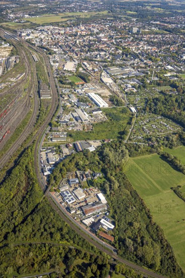 Aerial view, commercial area Östingstraße and view to the main railway station with city centre,