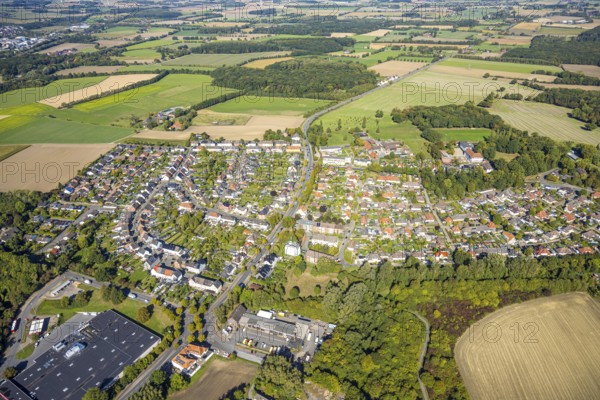 Aerial view, residential area, local view district Neue Kolonie, federal road B63, below Kaufland