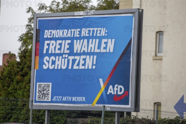 AfD poster in Ludwigshafen with the text DEMOKRATIE RETTEN, FREIE WAHLEN SCHÜTZEN. The city's