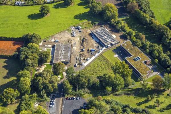 Aerial view, construction site with new day care centre of SVE Heessen, Schlossstraße, district