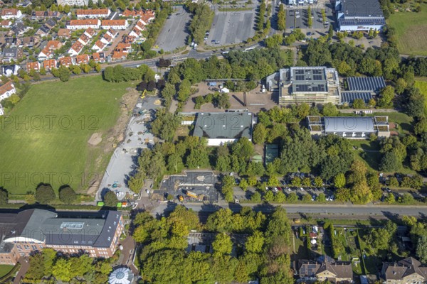 Aerial view, construction site and meadow at Freiherr-vom-Stein-Gymnasium, entrance area