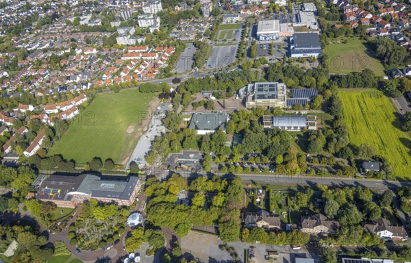 Aerial view, construction site and meadow at Freiherr-vom-Stein-Gymnasium, entrance area