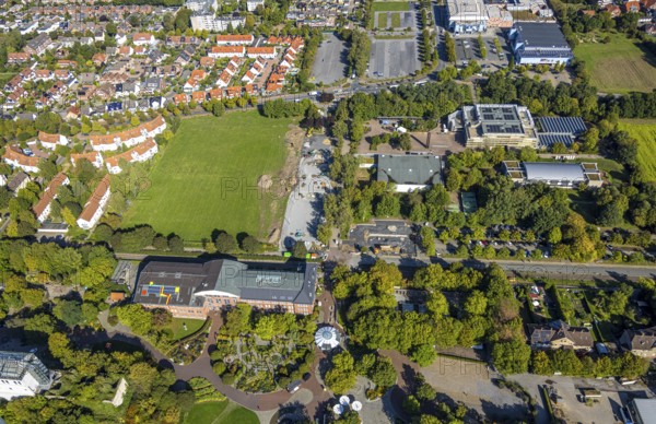 Aerial view, construction site and meadow at Freiherr-vom-Stein-Gymnasium, entrance area