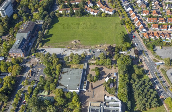 Aerial view, construction site and meadow at Freiherr-vom-Stein-Gymnasium, Uentrop, Hamm, Ruhr