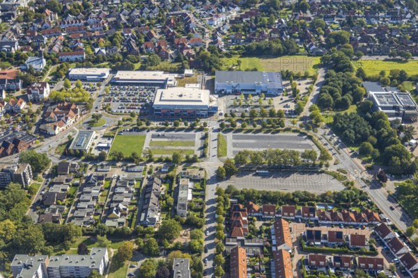 Aerial view, Ostwennemarstraße shopping centre, car parks, Uentrop, Hamm, Ruhr area, North