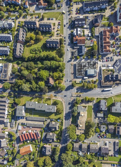 Aerial view, residential area road traffic intersection Ostwennemarstraße and Alter Uentroper Weg,