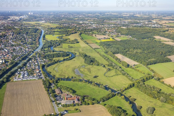 Aerial view, new residential area Friedrichsfeld and Im Fuchswinkel, river Lippe river meander and