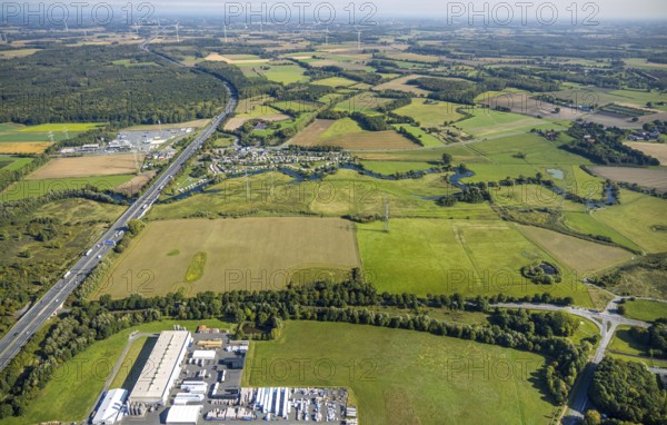 Aerial view, river Lippe river meander meadow landscape Schmehauser Mersch, motorway A2, meadows