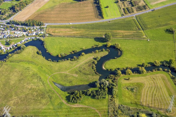 Aerial view, river Lippe river meander floodplain landscape Schmehauser Mersch, meadows and fields,