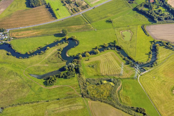 Aerial view, river Lippe river meander floodplain landscape Schmehauser Mersch, meadows and fields,