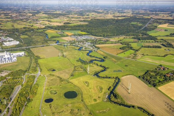 Aerial view, river Lippe river meander meadow landscape Schmehauser Mersch, meadows and fields,