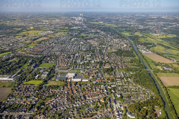 Aerial view, residential area local view district Werries, Datteln-Hamn-Kanal, distant view,