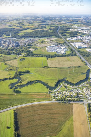 Aerial view, river Lippe river meander floodplain landscape Schmehauser Mersch, meadows and fields,