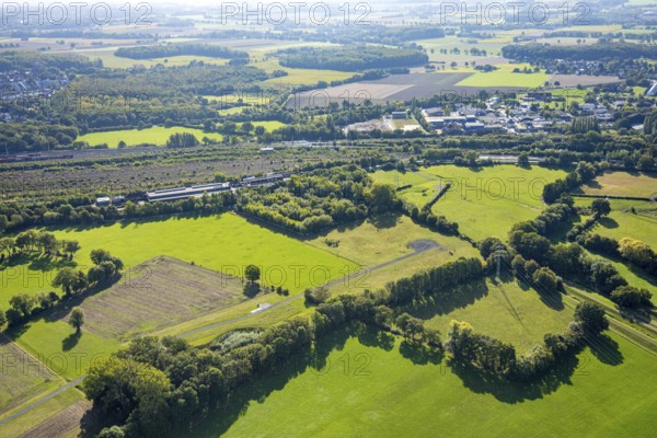 Aerial view, marshalling yard Hamm, meadows and fields Daberg, at Wiescher Bach, district Pelkum,