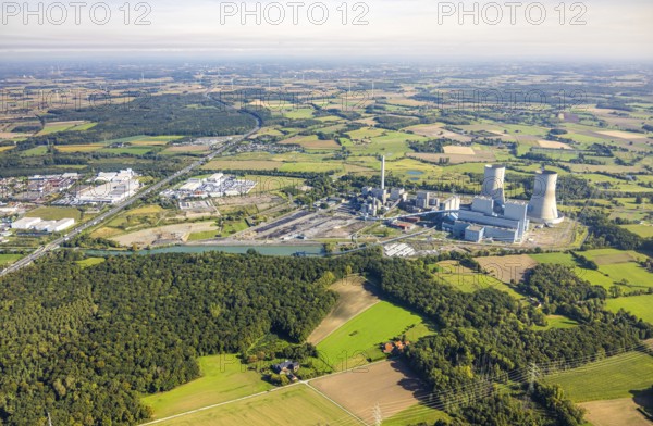 Aerial view, RWE power plant Westfalen, meadows and agricultural fields, distant view, Eilmsen,
