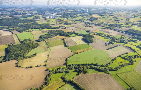 Aerial view, meadows and fields, Vöckinghausen, view to RWE power plant Westfalen and motorway A2,