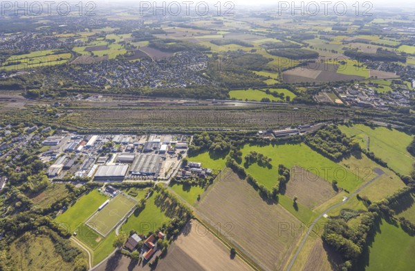 Aerial view, marshalling yard Hamm, industrial area Schieferstraße and residential area district