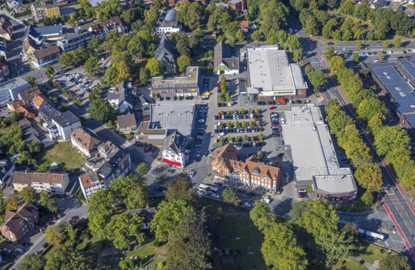 Aerial view, shopping centre Herringen with supermarket DM, Edeka Weber and Aldi, evang.