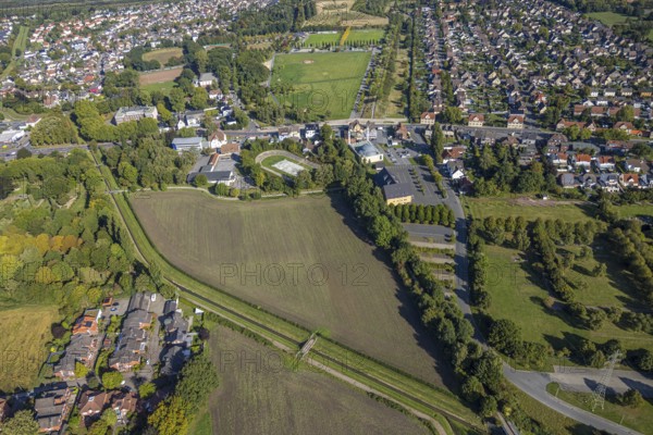 Aerial view, DitiB Ulu Camii Mosque next to the Barbara Stadium, district Herringen, Hamm, Ruhr