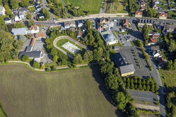 Aerial view, DitiB Ulu Camii Mosque next to the Barbara Stadium, district Herringen, Hamm, Ruhr