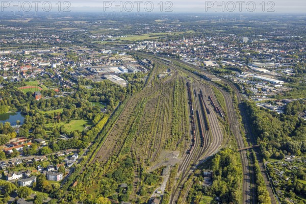 Aerial view, Hamm marshalling yard, view to the city and to the main station, Pelkum district,