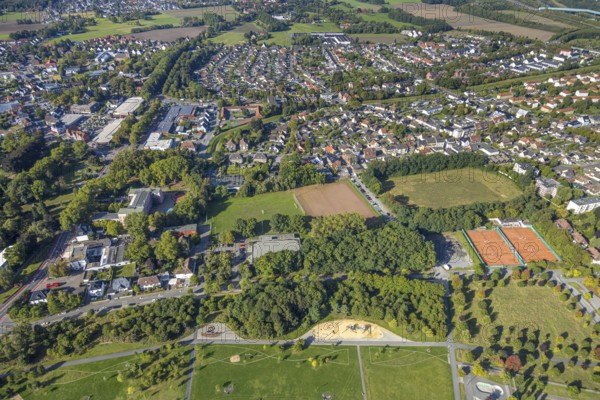 Aerial view, LIppepark with Glück-Auf-Stadion and playground, tenis courts Tennisclub Herringen