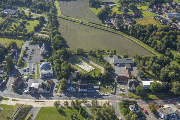 Aerial view, DitiB Ulu Camii Mosque next to the Barbara Stadium, district Herringen, Hamm, Ruhr