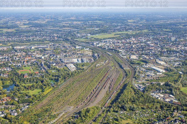 Aerial view, Hamm marshalling yard, view to the city and to the main station, commercial area