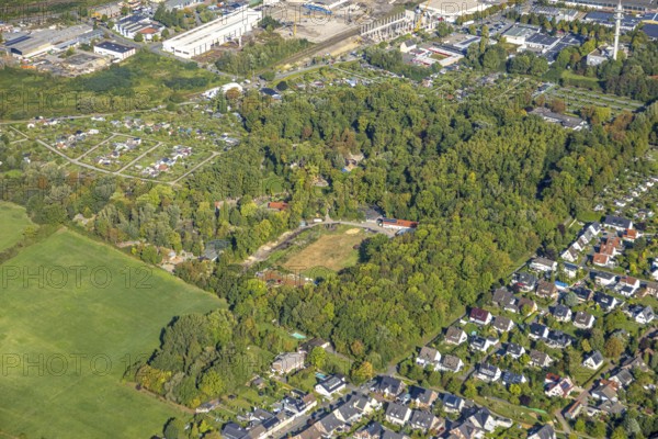 Aerial view, animal park Hamm, fallow land, KGV allotment garden association Bahn-Landwirtschaft