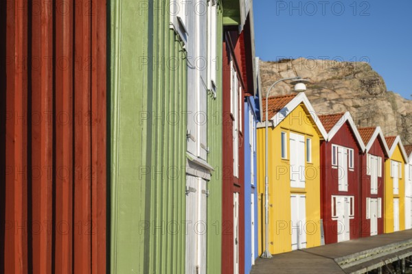 Colourful boathouses in the harbour of Smögen, Smögenbryggan, Västra Götalands Län, Bohuslän,