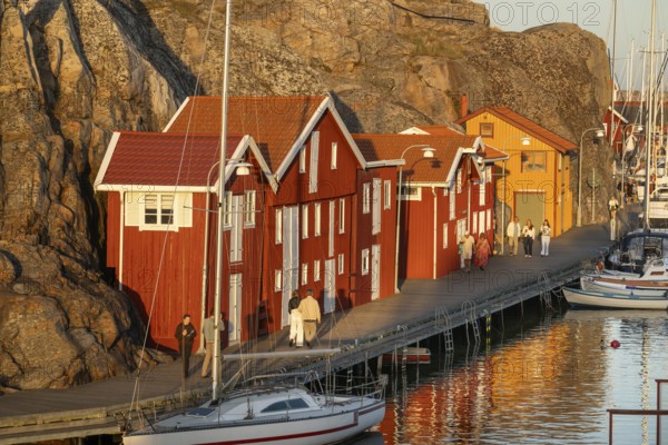 Colourful boathouses and boats in the harbour of Smögen, evening mood, Smögenbryggan, Västra