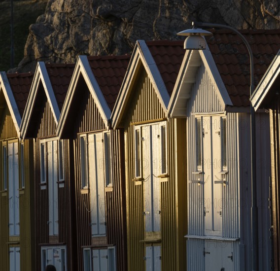 Colourful boathouses in the harbour of Smögen, Smögenbryggan, Västra Götalands Län, Bohuslän,