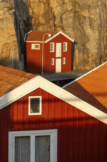 Falun red boathouses between rocks in the harbour of Smögen, Smögenbryggan, Västra Götalands Län,
