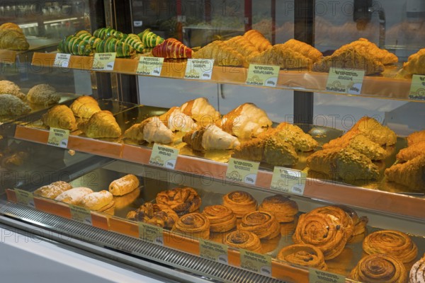 Different types of pastries displayed in a sales counter, Gntunik supermarket, Aragazotn province,