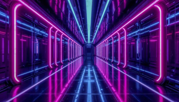 A mesmerizing perspective of a futuristic corridor bathed in vibrant neon lights, creating a sense