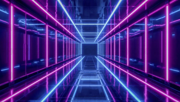 A perspective view of a neon-lit tunnel with pink and blue lights, creating a futuristic and