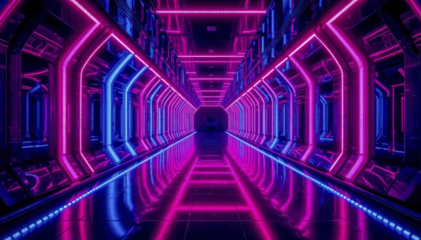 A mesmerizing perspective of a neon-lit tunnel with a futuristic design, featuring pink and blue