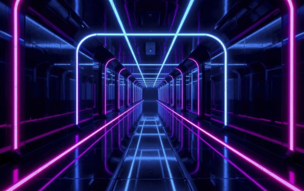 A mesmerizing perspective of a neon-lit tunnel, featuring a symmetrical design with glowing pink