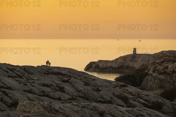Small lighthouse at sunset, archipelago, Smögen, Smögenbryggan, Västra Götalands Län, Bohuslän,