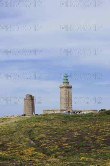 Lighthouse and landscape with flowering gorse (Ulex gallii) and heather, Cap Frehel, Cote
