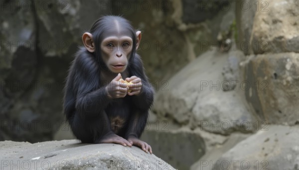 A young chimpanzee cub (Pan troglodytes), with dark fur, sits on a rock and holds a piece of food.