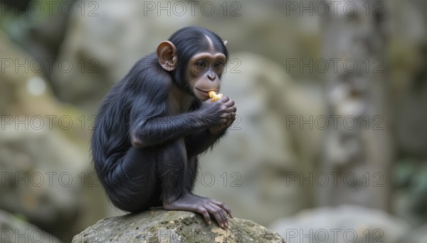 A young chimpanzee sits on a rock, holding and eating a piece of food. The background is blurred,