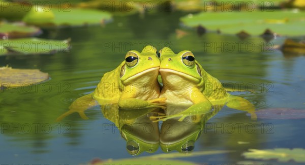 Two vibrant green frogs are seen together in a pond, their reflections mirroring them in the water.