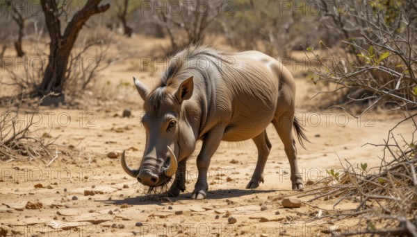 A close-up shot captures a warthog (Phacochoerus aethiopicus) in the wild, showcasing its